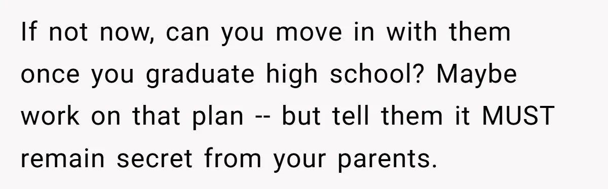 If not now, can you move in with them once you graduate high school? Maybe work on that plan -- but tell them it MUST remain secret from your parents.
