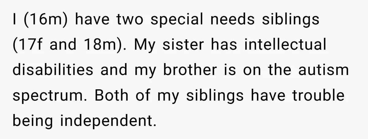 I (16m) have two special needs siblings (17f and 18m). My sister has intellectual disabilities and my brother is on the autism spectrum. Both of my siblings have trouble being...