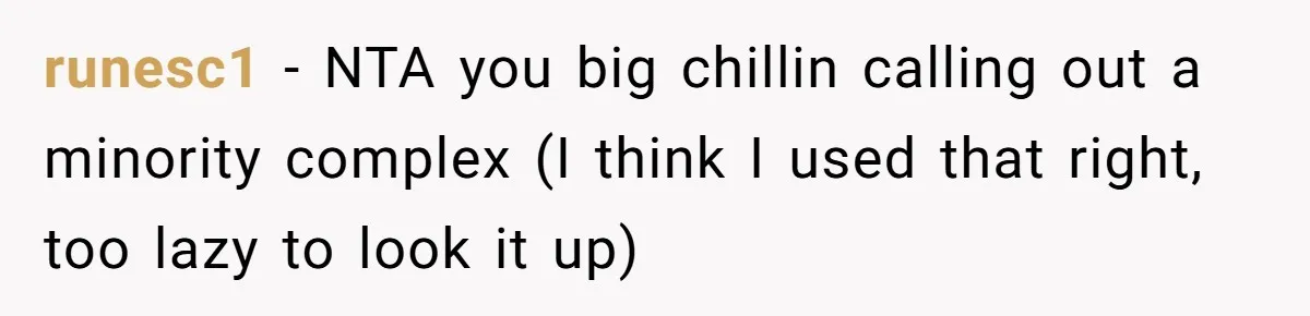 runesc1 − NTA you big chillin calling out a minority complex (I think I used that right, too lazy to look it up)