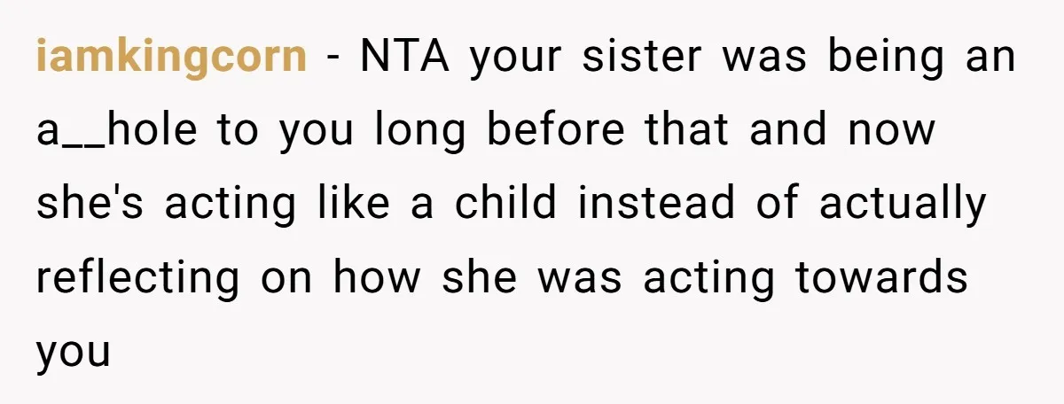 iamkingcorn − NTA your sister was being an a__hole to you long before that and now she's acting like a child instead of actually reflecting on how she was acting...