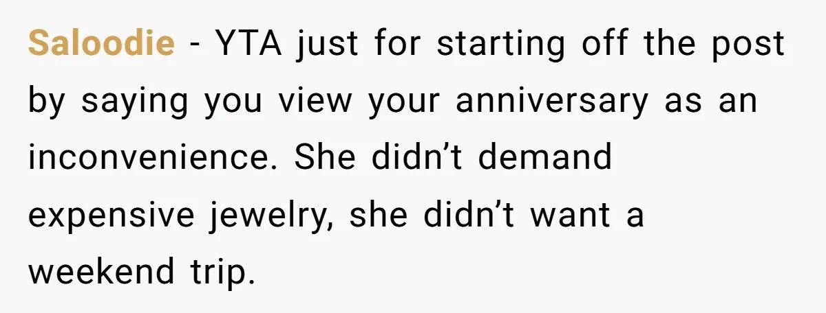 Saloodie − YTA just for starting off the post by saying you view your anniversary as an inconvenience. She didn’t demand expensive jewelry, she didn’t want a weekend trip.