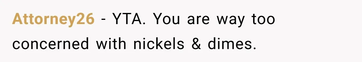 Attorney26 − YTA. You are way too concerned with nickels & dimes.