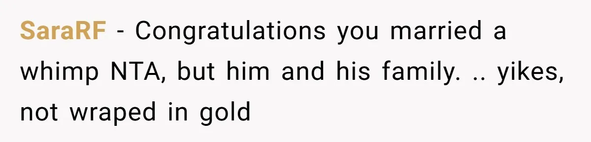 SaraRF − Congratulations you married a whimp NTA, but him and his family. .. yikes, not wraped in gold