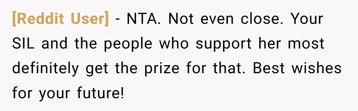 [Reddit User] − NTA. Not even close. Your SIL and the people who support her most definitely get the prize for that. Best wishes for your future!