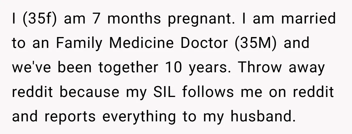 I (35f) am 7 months pregnant. I am married to an Family Medicine Doctor (35M) and we've been together 10 years. Throw away reddit because my SIL follows me on...