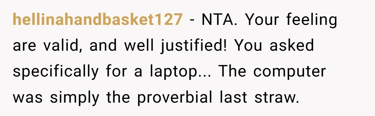hellinahandbasket127 − NTA. Your feeling are valid, and well justified! You asked specifically for a laptop... The computer was simply the proverbial last straw.