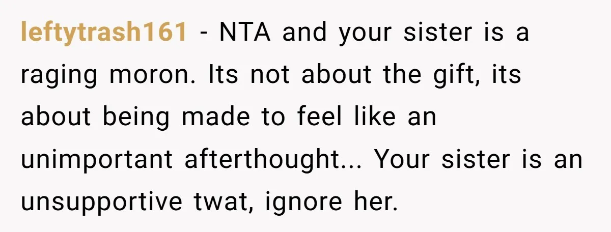 leftytrash161 − NTA and your sister is a raging moron. Its not about the gift, its about being made to feel like an unimportant afterthought... Your sister is an unsupportive...