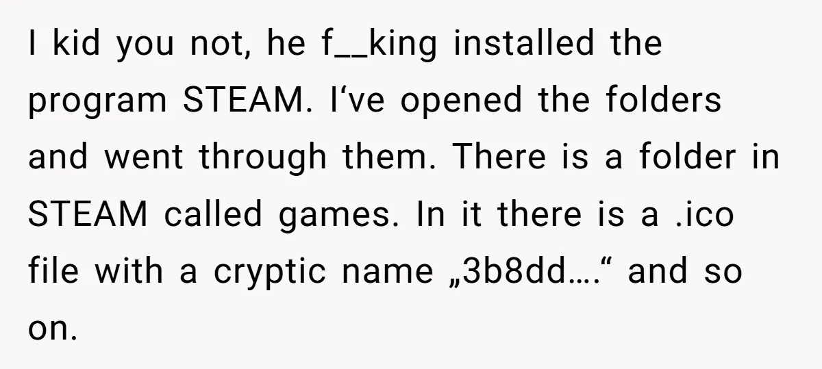 I kid you not, he f__king installed the program STEAM. I‘ve opened the folders and went through them. There is a folder in STEAM called games. In it there is...