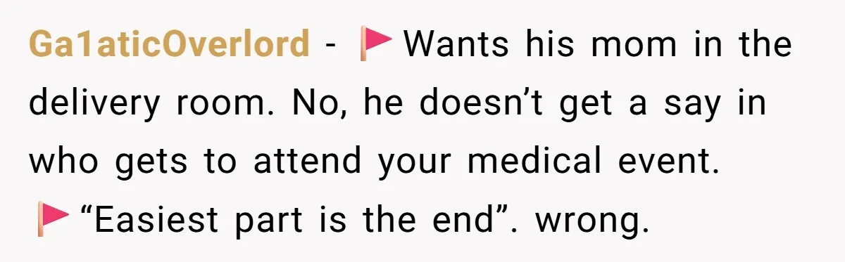 Ga1aticOverlord − 🚩Wants his mom in the delivery room. No, he doesn’t get a say in who gets to attend your medical event. 🚩“Easiest part is the end”. wrong.