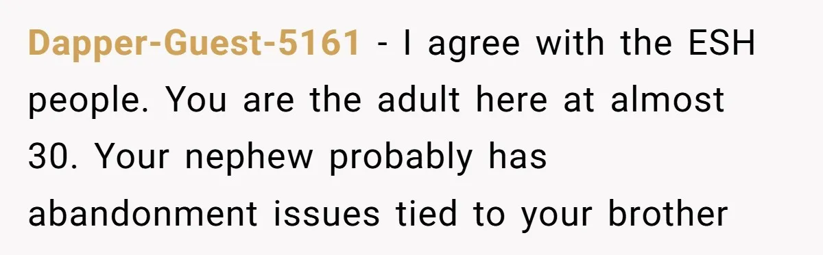 Dapper-Guest-5161 − I agree with the ESH people. You are the adult here at almost 30. Your nephew probably has abandonment issues tied to your brother