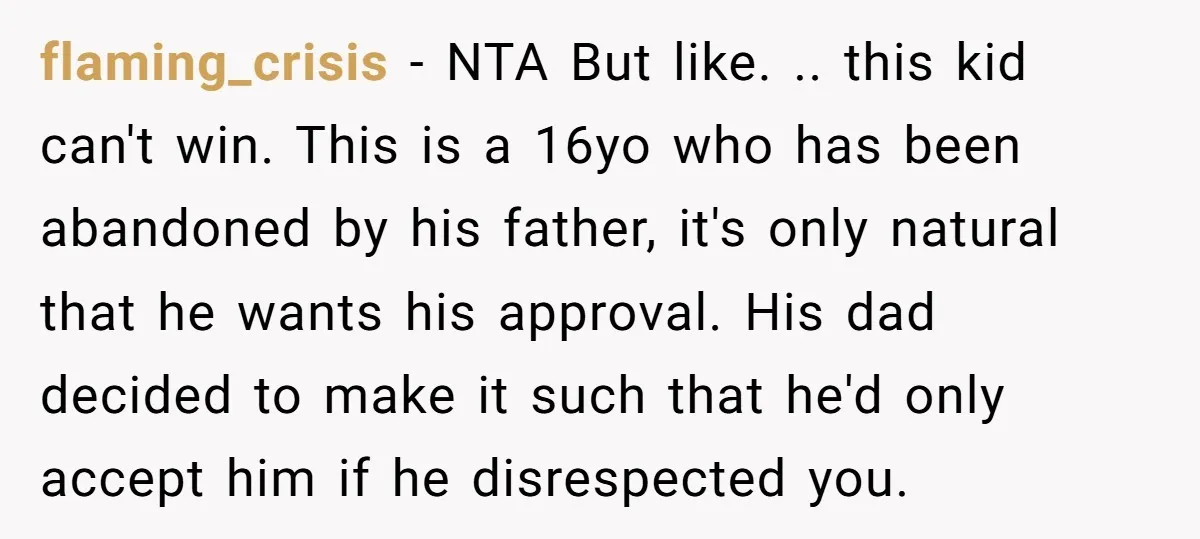flaming_crisis − NTA But like. .. this kid can't win. This is a 16yo who has been abandoned by his father, it's only natural that he wants his approval. His...