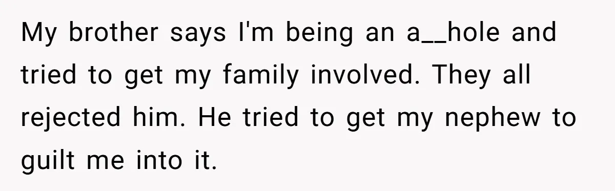 My brother says I'm being an a__hole and tried to get my family involved. They all rejected him. He tried to get my nephew to guilt me into it.