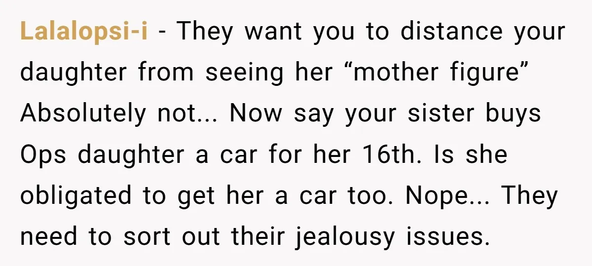 Lalalopsi-i − They want you to distance your daughter from seeing her “mother figure” Absolutely not... Now say your sister buys Ops daughter a car for her 16th. Is she...