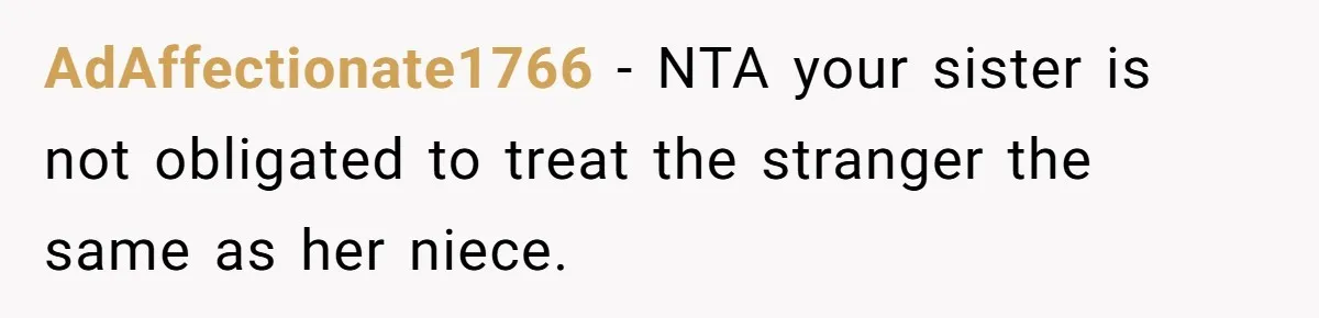 AdAffectionate1766 − NTA your sister is not obligated to treat the stranger the same as her niece.