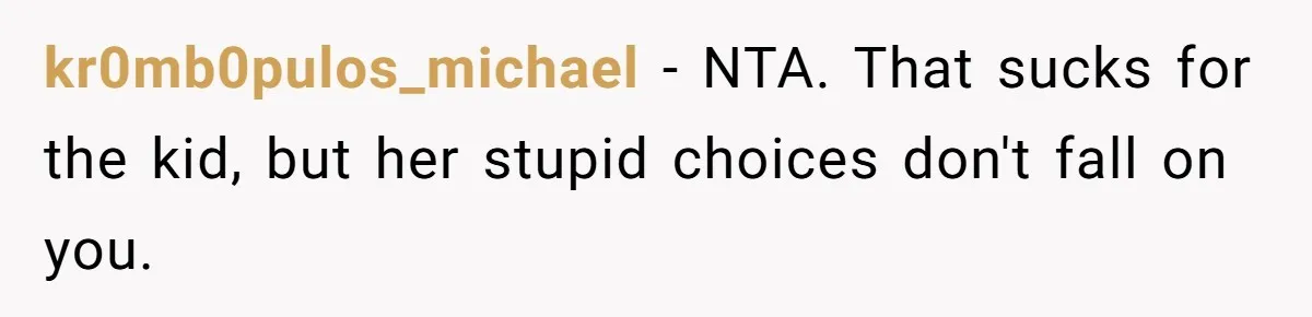kr0mb0pulos_michael − NTA. That sucks for the kid, but her stupid choices don't fall on you.