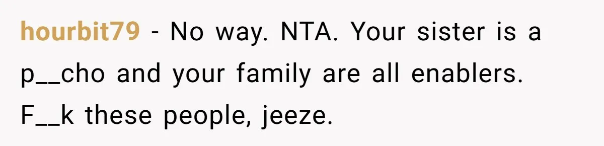 hourbit79 − No way. NTA. Your sister is a p__cho and your family are all enablers. F__k these people, jeeze.