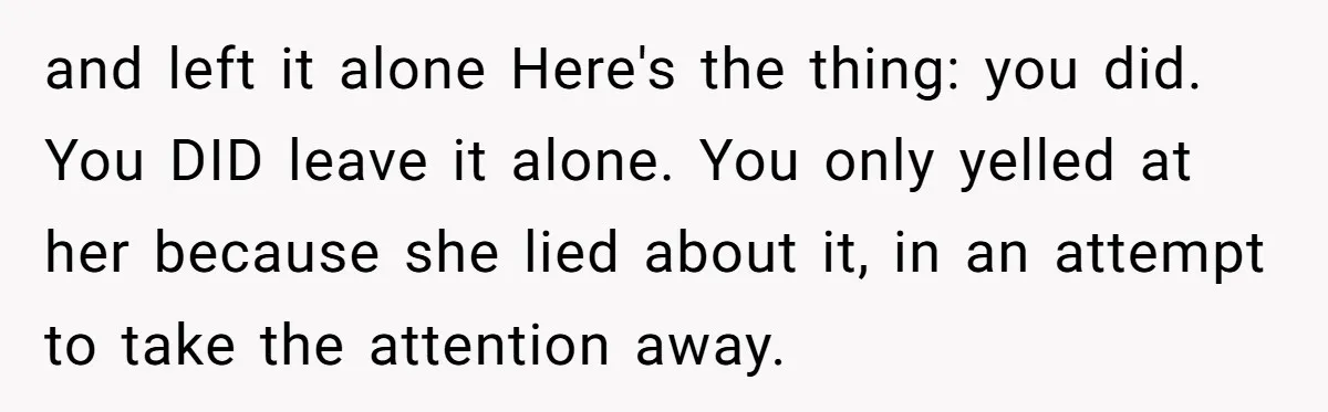 and left it alone Here's the thing: you did. You DID leave it alone. You only yelled at her because she lied about it, in an attempt to take the...