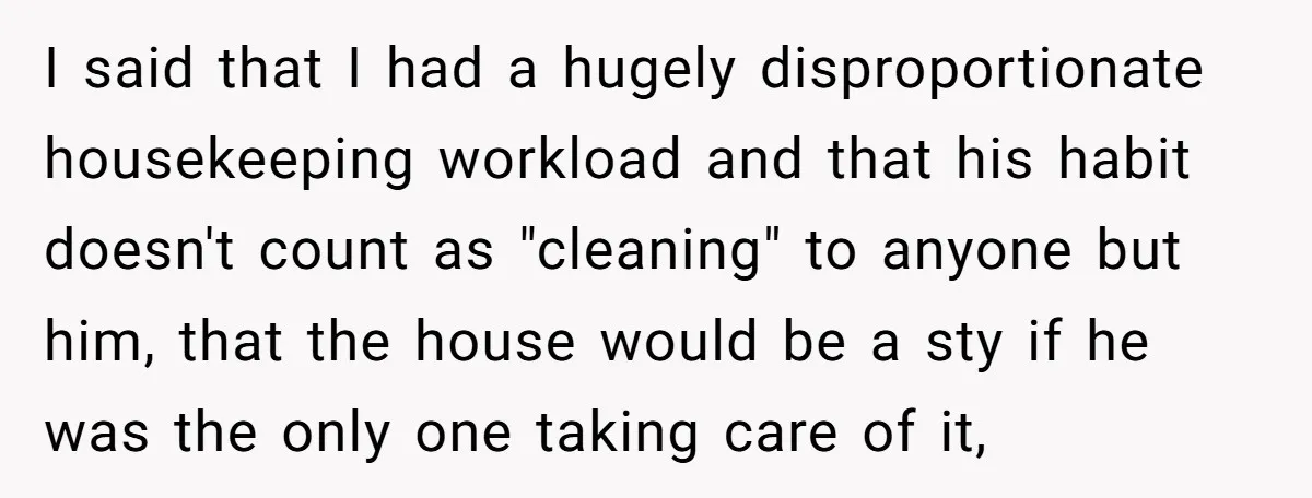 I said that I had a hugely disproportionate housekeeping workload and that his habit doesn't count as "cleaning" to anyone but him, that the house would be a sty if...