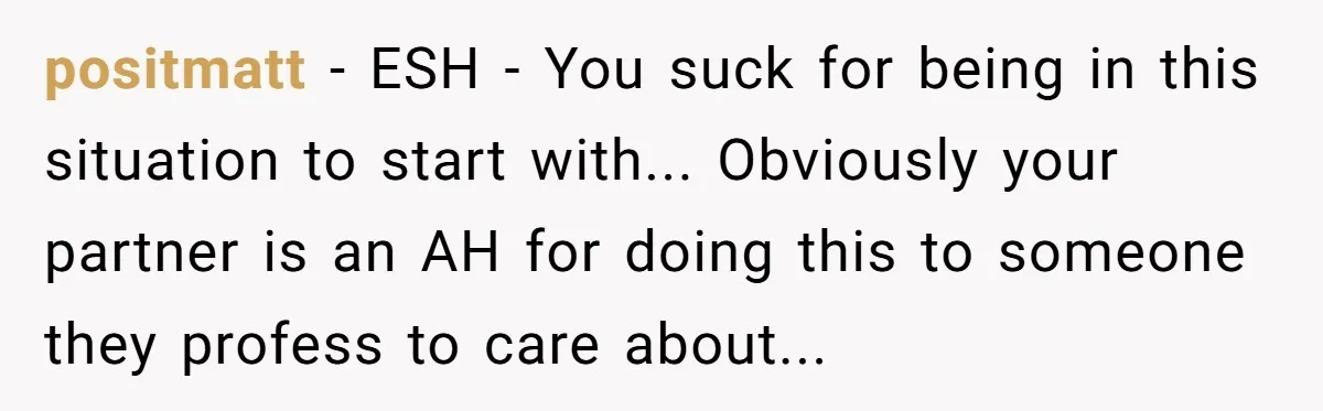 positmatt − ESH - You suck for being in this situation to start with... Obviously your partner is an AH for doing this to someone they profess to care about...