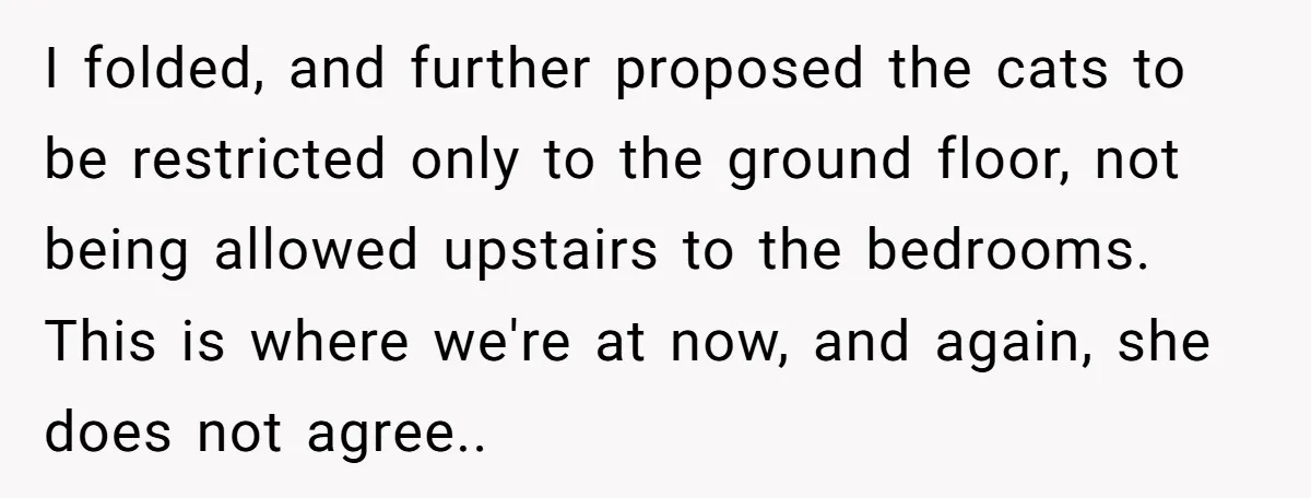 I folded, and further proposed the cats to be restricted only to the ground floor, not being allowed upstairs to the bedrooms. This is where we're at now, and again,...