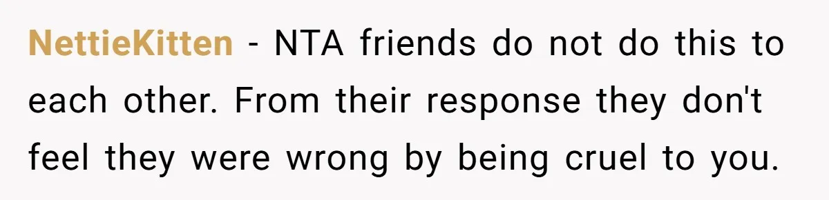 NettieKitten − NTA friends do not do this to each other. From their response they don't feel they were wrong by being cruel to you.