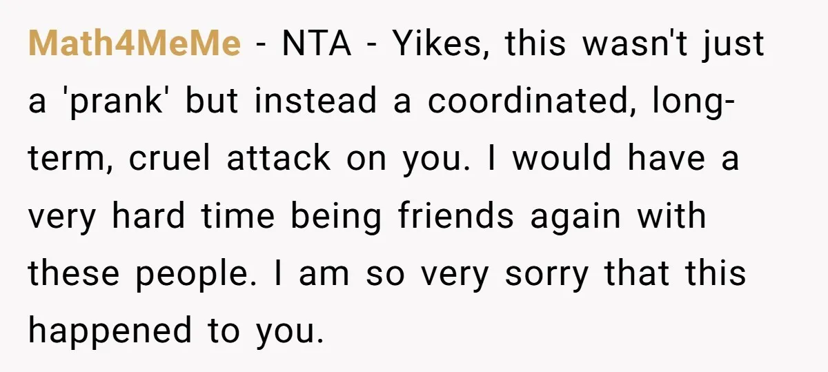 Math4MeMe − NTA - Yikes, this wasn't just a 'prank' but instead a coordinated, long-term, cruel attack on you. I would have a very hard time being friends again with...