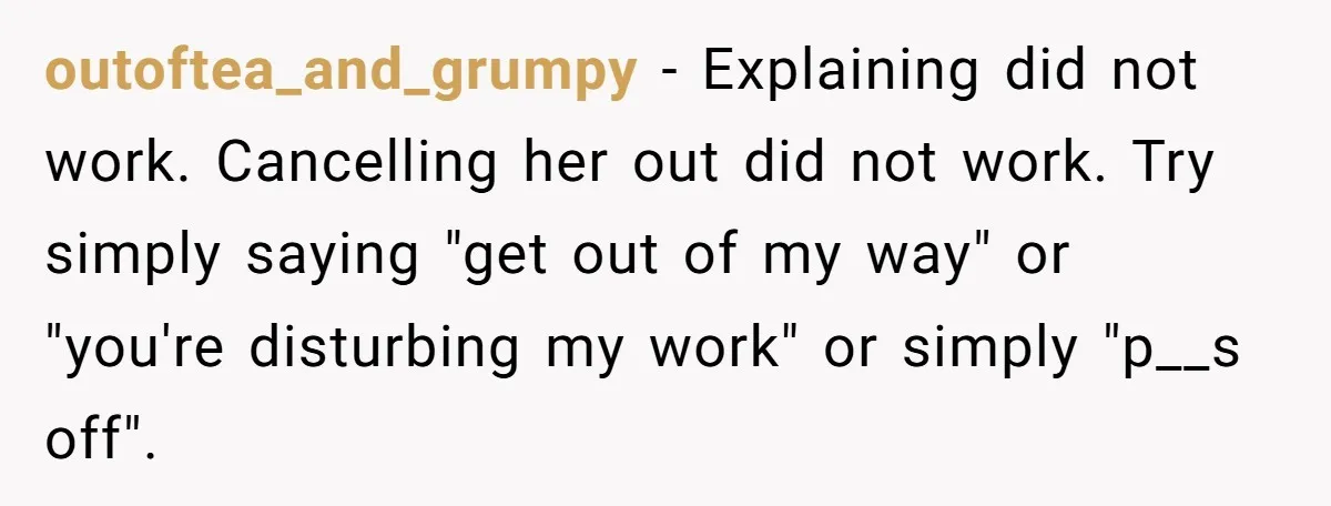 outoftea_and_grumpy − Explaining did not work. Cancelling her out did not work. Try simply saying "get out of my way" or "you're disturbing my work" or simply "p__s off".
