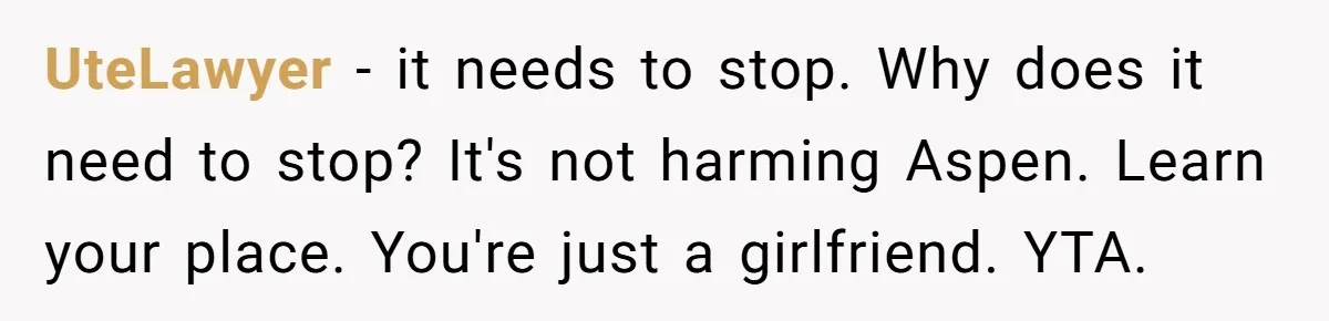 UteLawyer − it needs to stop. Why does it need to stop? It's not harming Aspen. Learn your place. You're just a girlfriend. YTA.