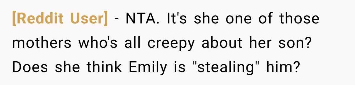 [Reddit User] − NTA. It's she one of those mothers who's all creepy about her son? Does she think Emily is "stealing" him?