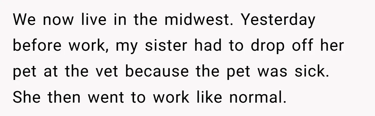 We now live in the midwest. Yesterday before work, my sister had to drop off her pet at the vet because the pet was sick. She then went to work...