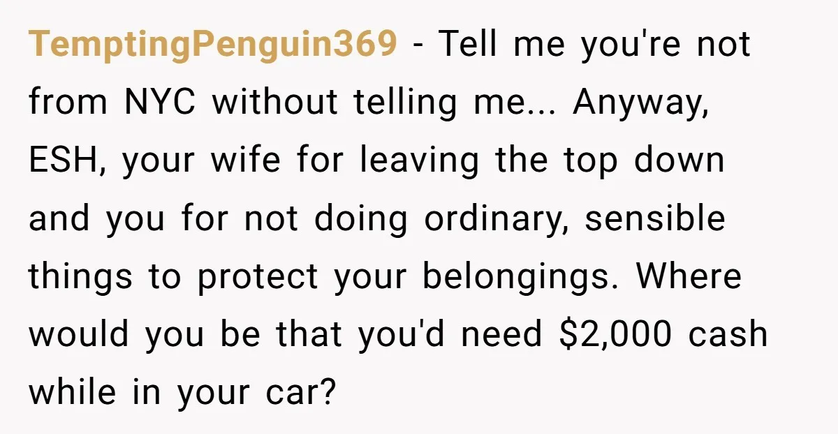 TemptingPenguin369 − Tell me you're not from NYC without telling me... Anyway, ESH, your wife for leaving the top down and you for not doing ordinary, sensible things to protect...