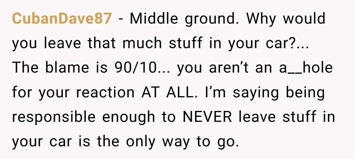 CubanDave87 − Middle ground. Why would you leave that much stuff in your car?... The blame is 90/10... you aren’t an a__hole for your reaction AT ALL. I’m saying being...
