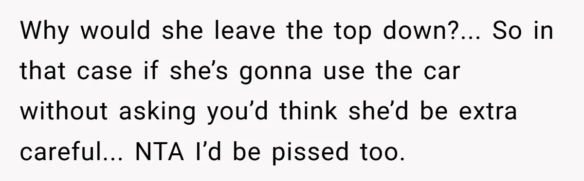 Why would she leave the top down?... So in that case if she’s gonna use the car without asking you’d think she’d be extra careful... NTA I’d be pissed too.