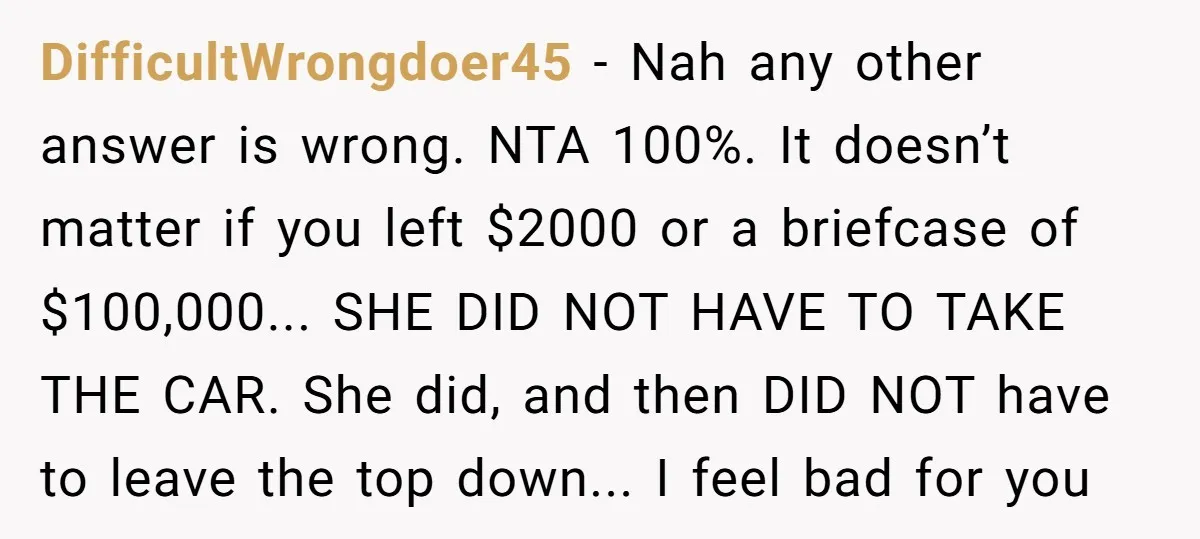 DifficultWrongdoer45 − Nah any other answer is wrong. NTA 100%. It doesn’t matter if you left $2000 or a briefcase of $100,000... SHE DID NOT HAVE TO TAKE THE CAR....