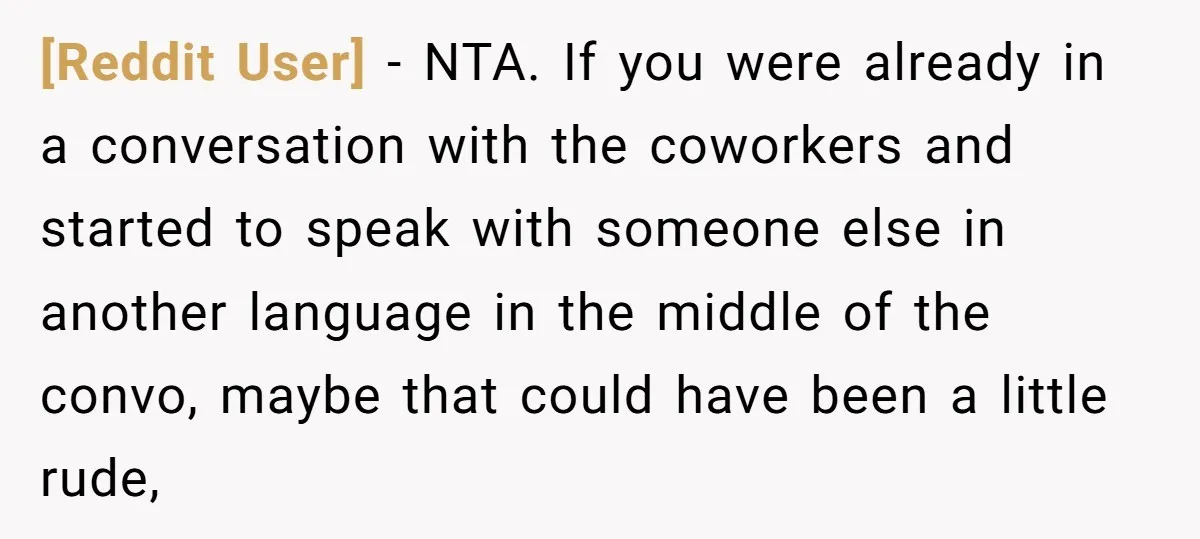 [Reddit User] − NTA. If you were already in a conversation with the coworkers and started to speak with someone else in another language in the middle of the convo,...