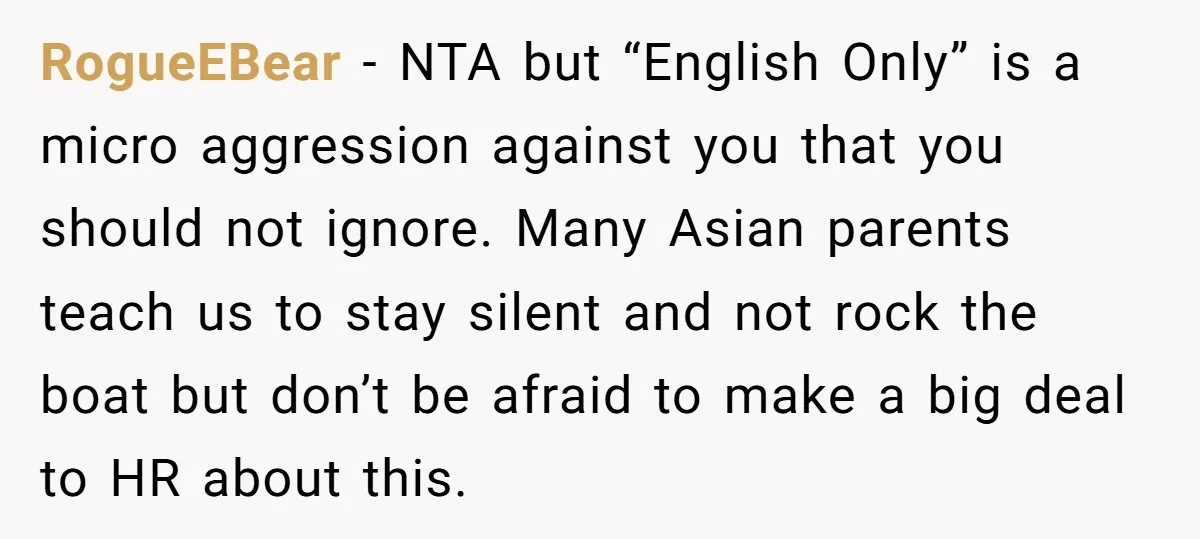RogueEBear − NTA but “English Only” is a micro aggression against you that you should not ignore. Many Asian parents teach us to stay silent and not rock the boat...