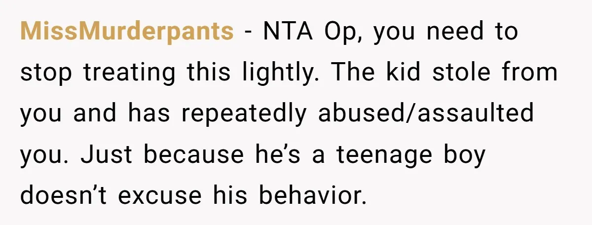 MissMurderpants − NTA Op, you need to stop treating this lightly. The kid stole from you and has repeatedly abused/assaulted you. Just because he’s a teenage boy doesn’t excuse his...