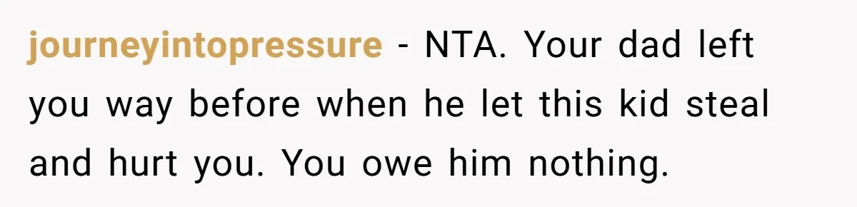 journeyintopressure − NTA. Your dad left you way before when he let this kid steal and hurt you. You owe him nothing.