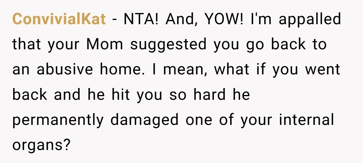 ConvivialKat − NTA! And, YOW! I'm appalled that your Mom suggested you go back to an abusive home. I mean, what if you went back and he hit you so...