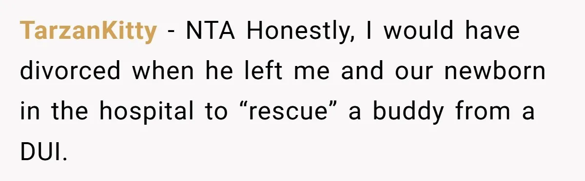 TarzanKitty − NTA Honestly, I would have divorced when he left me and our newborn in the hospital to “rescue” a buddy from a DUI.