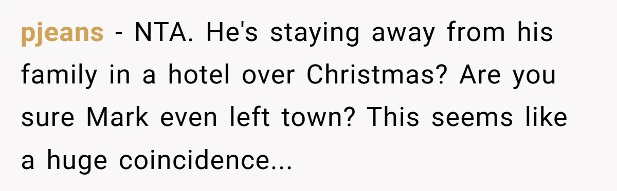 pjeans − NTA. He's staying away from his family in a hotel over Christmas? Are you sure Mark even left town? This seems like a huge coincidence...