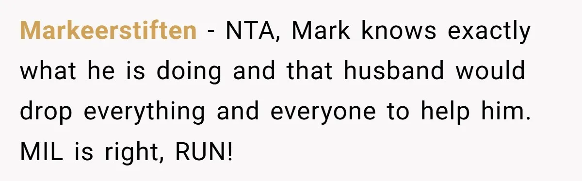 Markeerstiften − NTA, Mark knows exactly what he is doing and that husband would drop everything and everyone to help him. MIL is right, RUN!