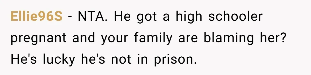 Ellie96S − NTA. He got a high schooler pregnant and your family are blaming her? He's lucky he's not in prison.