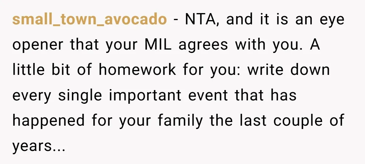 small_town_avocado − NTA, and it is an eye opener that your MIL agrees with you. A little bit of homework for you: write down every single important event that has...