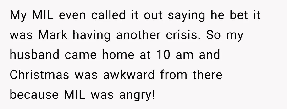 My MIL even called it out saying he bet it was Mark having another crisis. So my husband came home at 10 am and Christmas was awkward from there because...