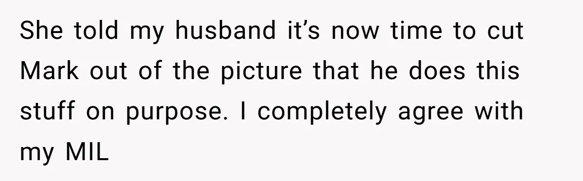 She told my husband it’s now time to cut Mark out of the picture that he does this stuff on purpose. I completely agree with my MIL
