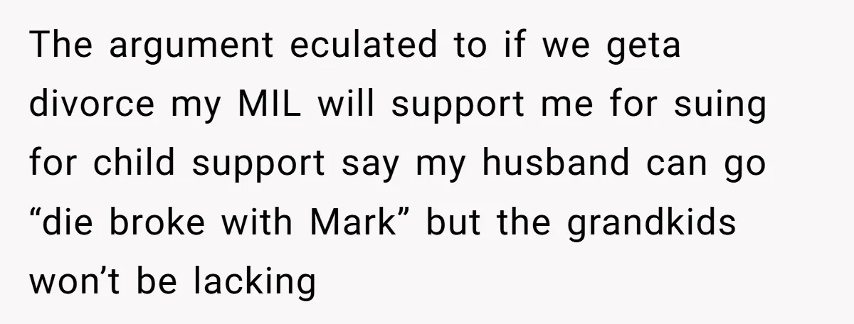 The argument eculated to if we geta divorce my MIL will support me for suing for child support say my husband can go “die broke with Mark” but the grandkids...