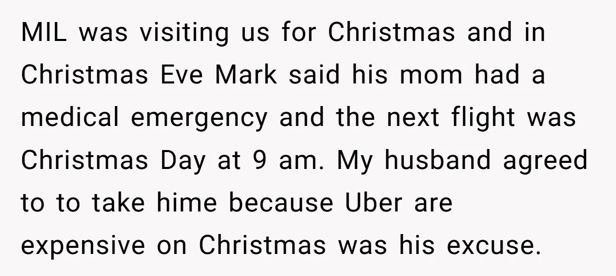 MIL was visiting us for Christmas and in Christmas Eve Mark said his mom had a medical emergency and the next flight was Christmas Day at 9 am. My husband...