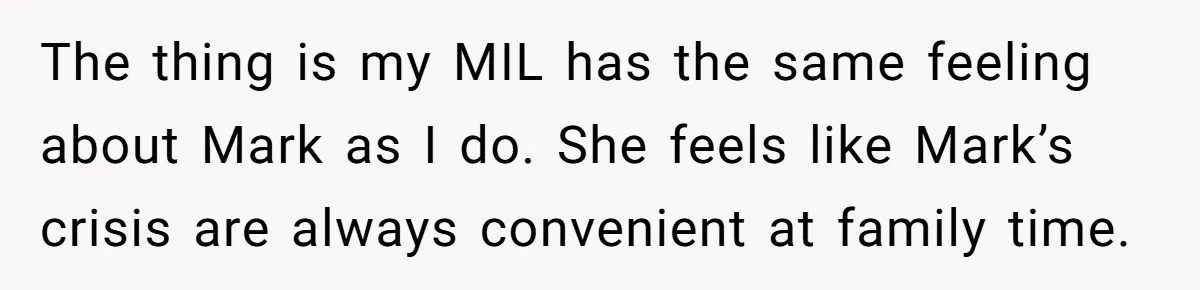 The thing is my MIL has the same feeling about Mark as I do. She feels like Mark’s crisis are always convenient at family time.