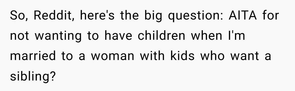 So, Reddit, here's the big question: AITA for not wanting to have children when I'm married to a woman with kids who want a sibling?